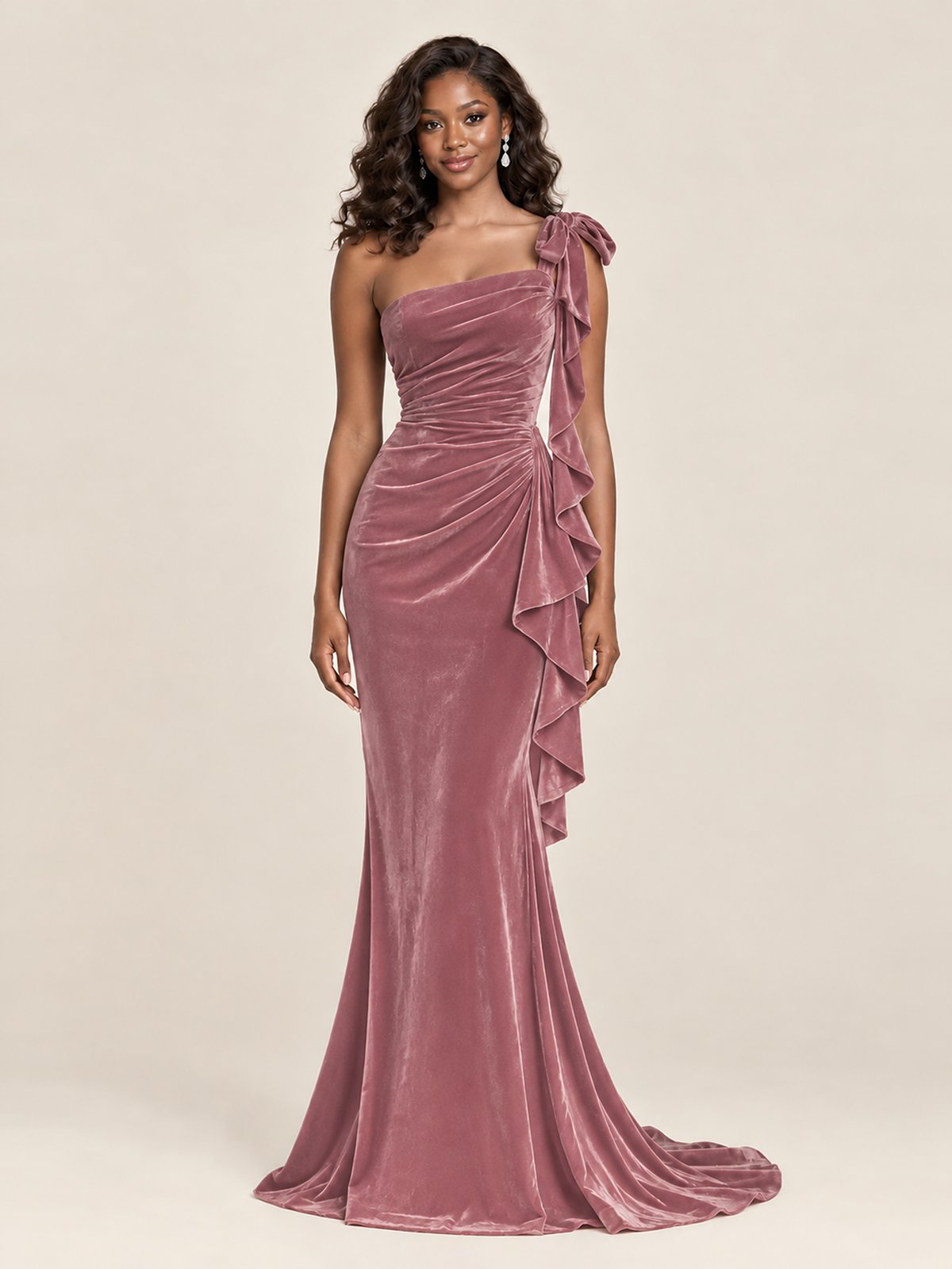 Black Velvet One-Shoulder Mermaid Evening Gown with Bow & Ruffles