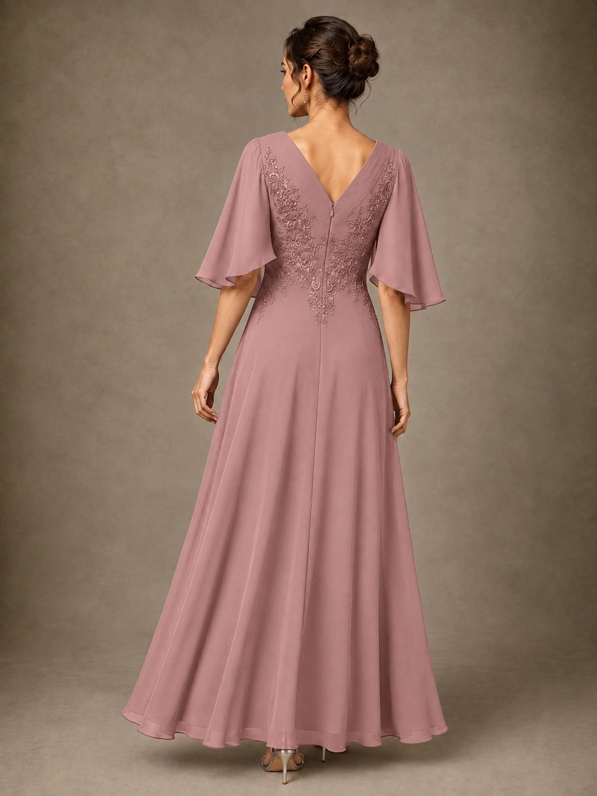 V-Neck Chiffon Lace Mother of the Bride Dress with Flutter Sleeves