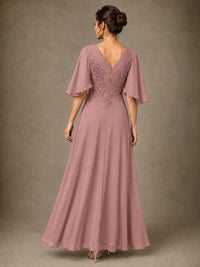V-Neck Chiffon Lace Mother of the Bride Dress with Flutter Sleeves