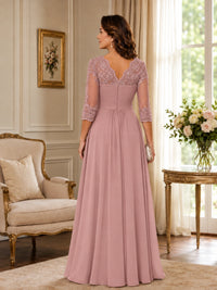 Chiffon Lace Applique Mother of the Bride Dress with 3/4 Sleeves