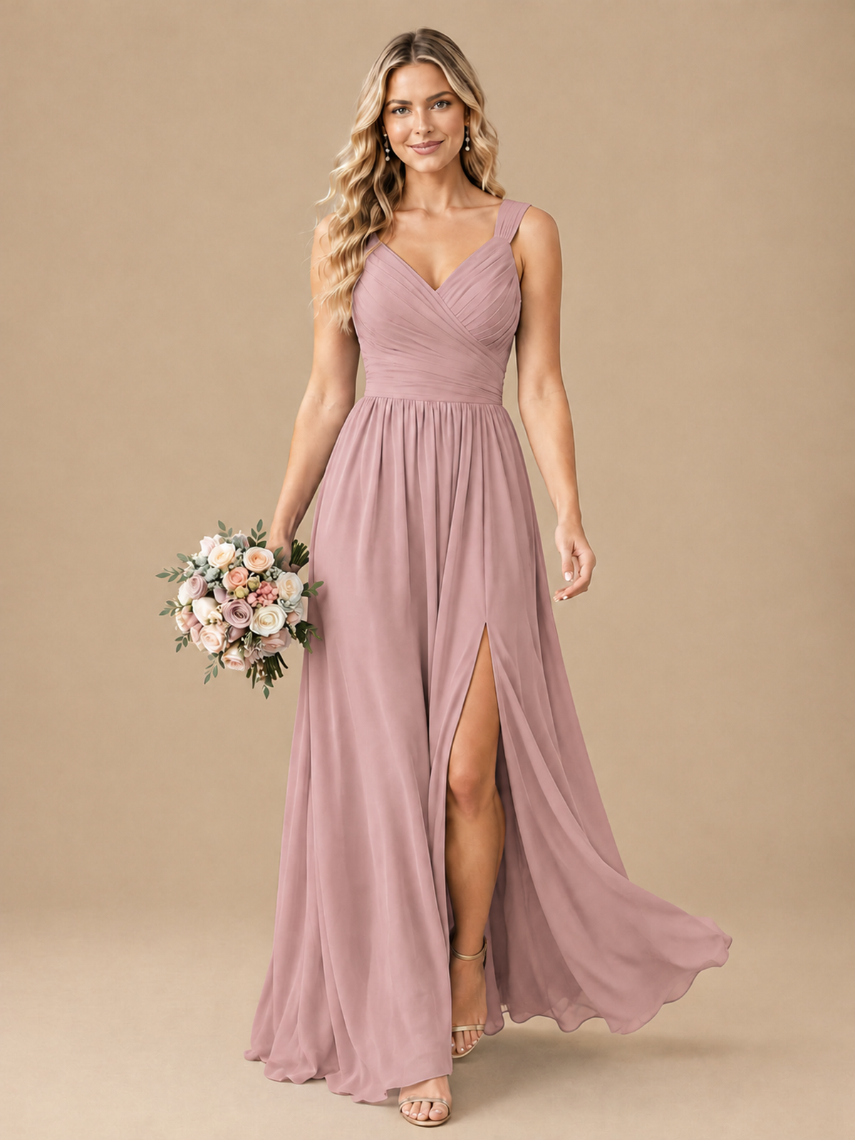 Pleated Chiffon V Neck Wedding Bridesmaid Dresses Floor Length with Slit