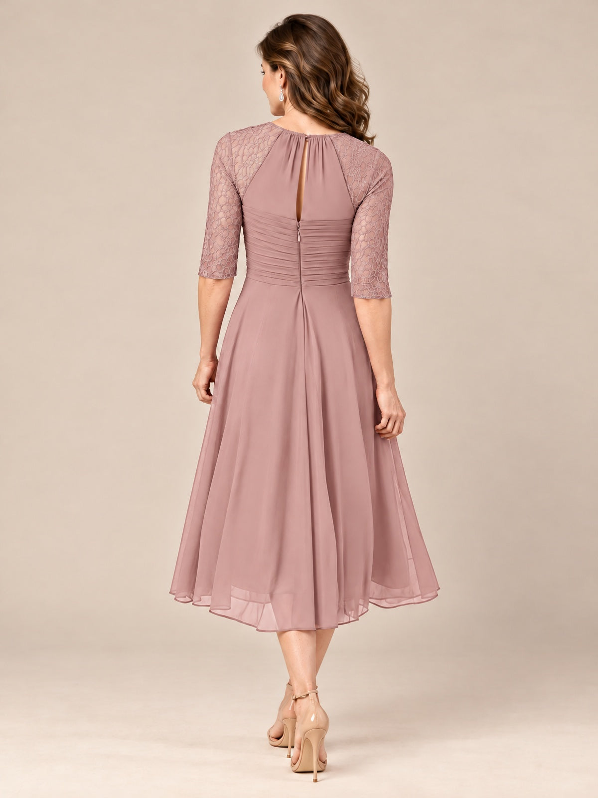 Tea-Length Mother of the Bride Dress with Lace 3/4 Sleeves