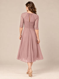 Tea-Length Mother of the Bride Dress with Lace 3/4 Sleeves
