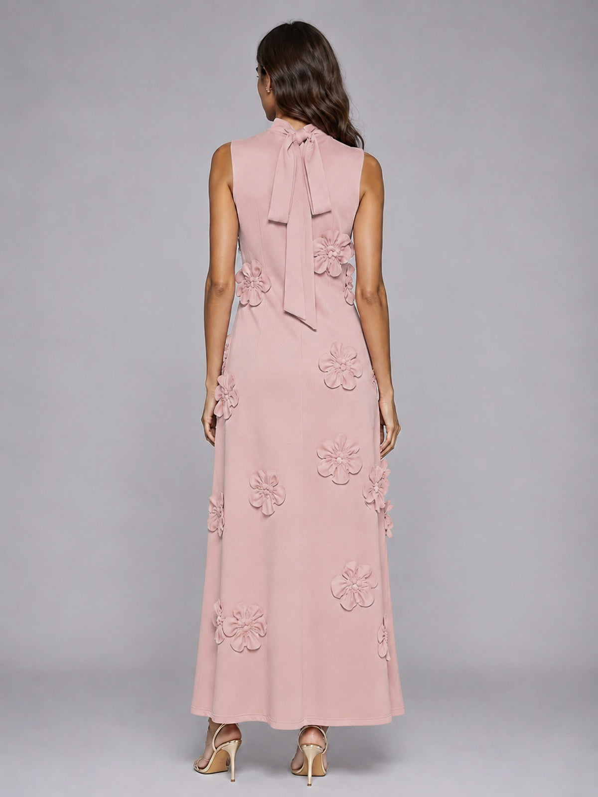 3D Floral Applique High Neck Prom Maxi Dress