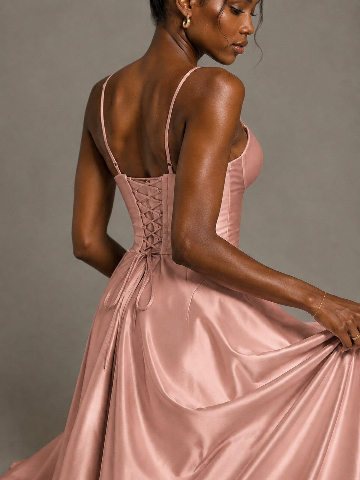 Lavender V Neck Satin Prom Dress with Spaghetti Straps