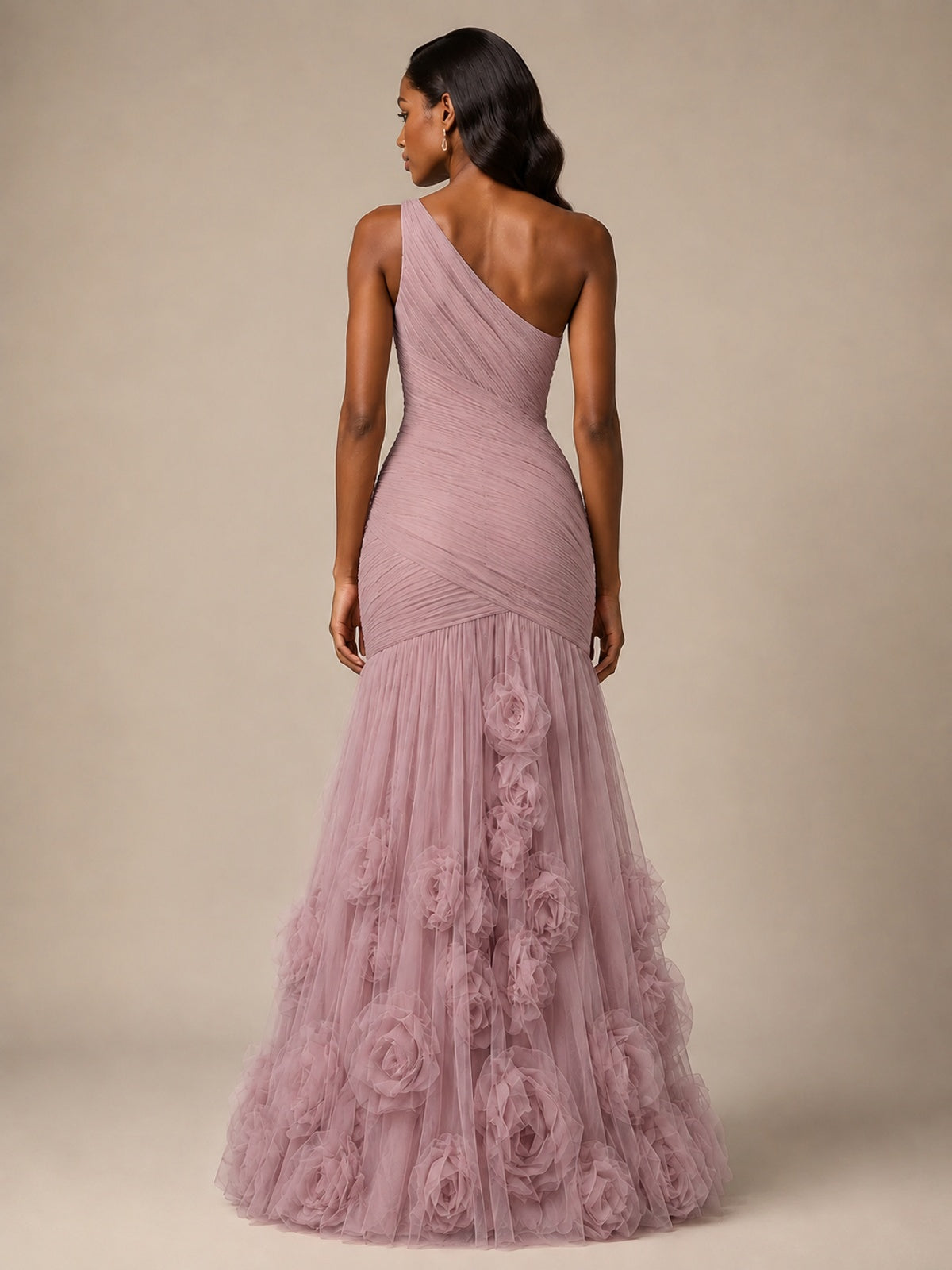Blush Pink One Shoulder 3D Floral Mermaid Prom Dress