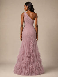 Blush Pink One Shoulder 3D Floral Mermaid Prom Dress