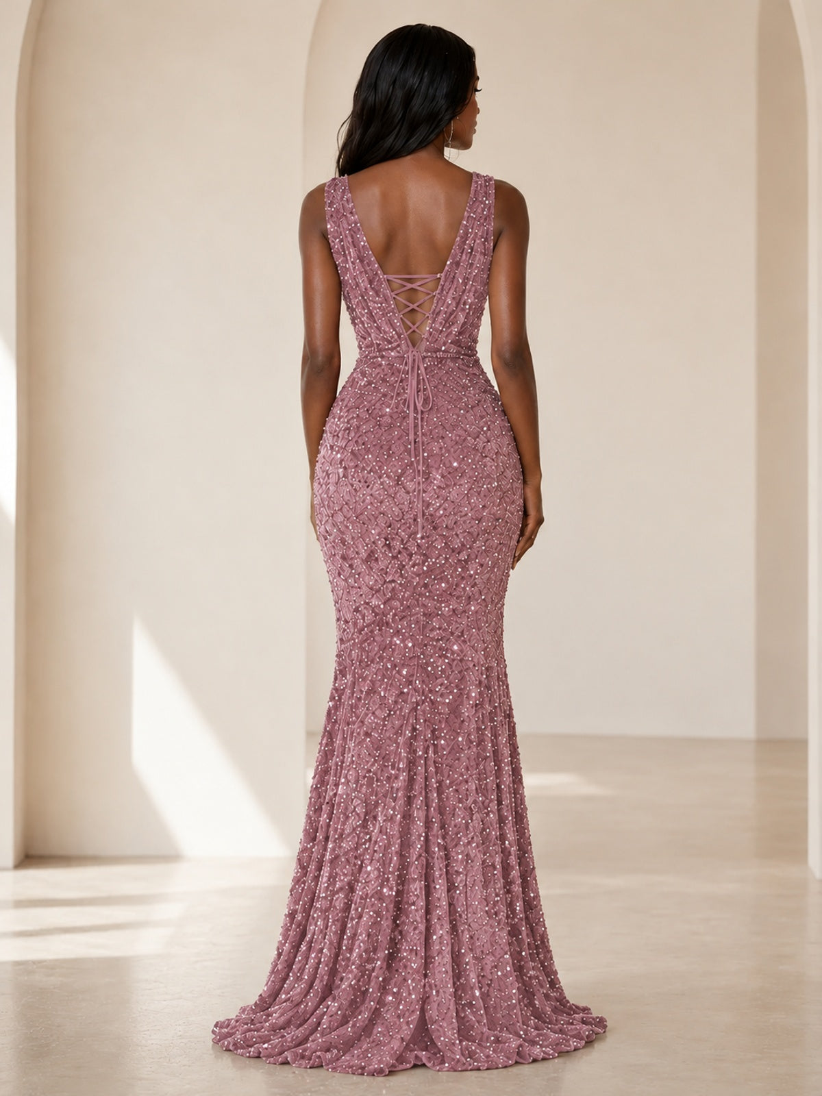 Sequin Mermaid Prom Dress with V-Neck and Ruched Waist