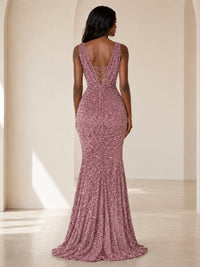 Sequin Mermaid Prom Dress with V-Neck and Ruched Waist