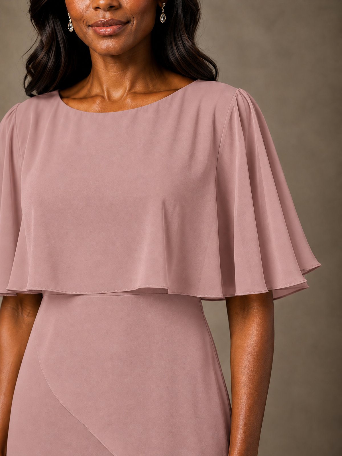 Taupe Chiffon A-Line Mother of the Bride Dress with Cape Sleeves