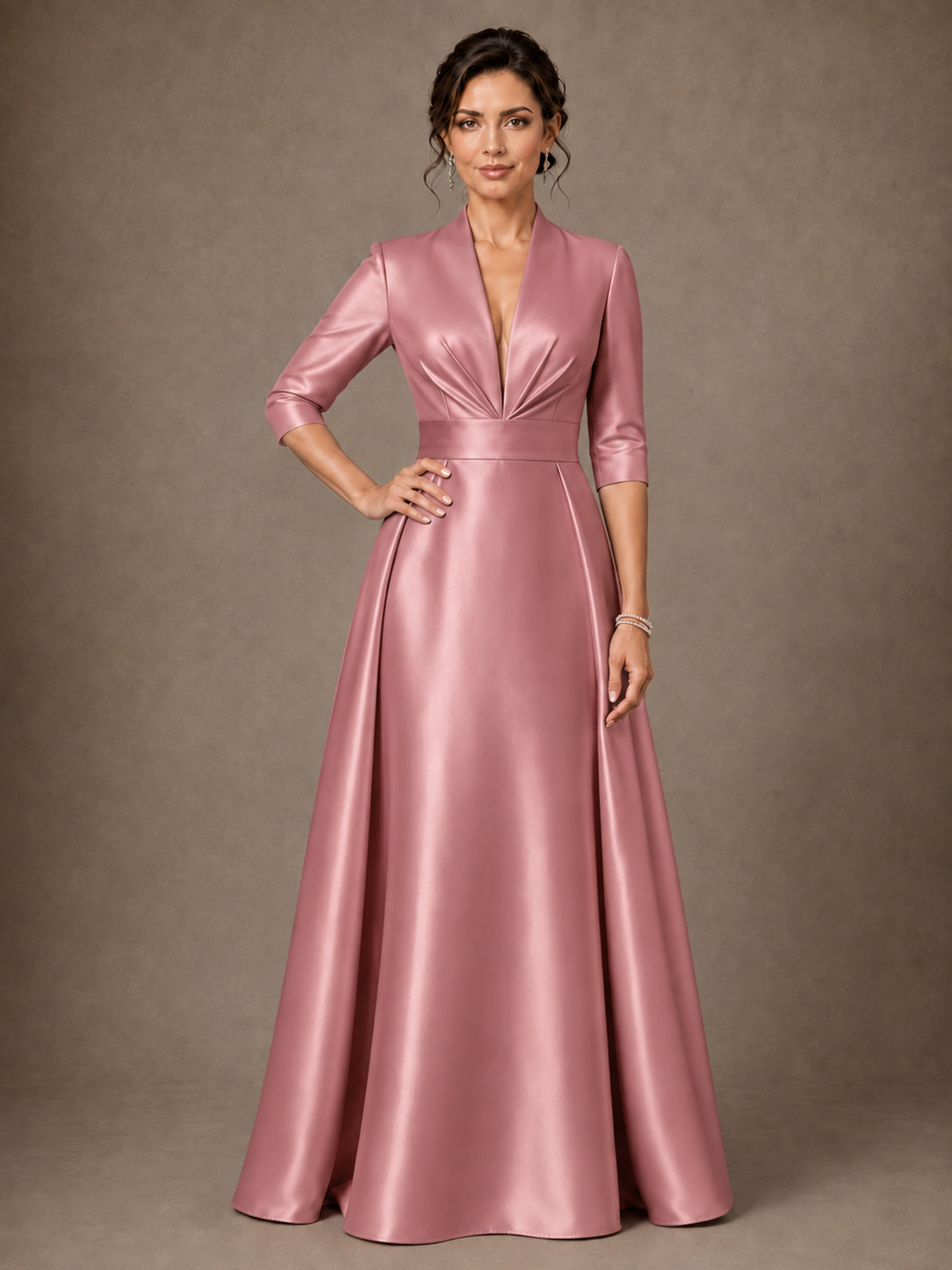 V-Neck Pleated Satin Mother of the Bride Gown with 3/4 Sleeves