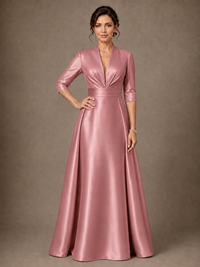 V-Neck Pleated Satin Mother of the Bride Gown with 3/4 Sleeves