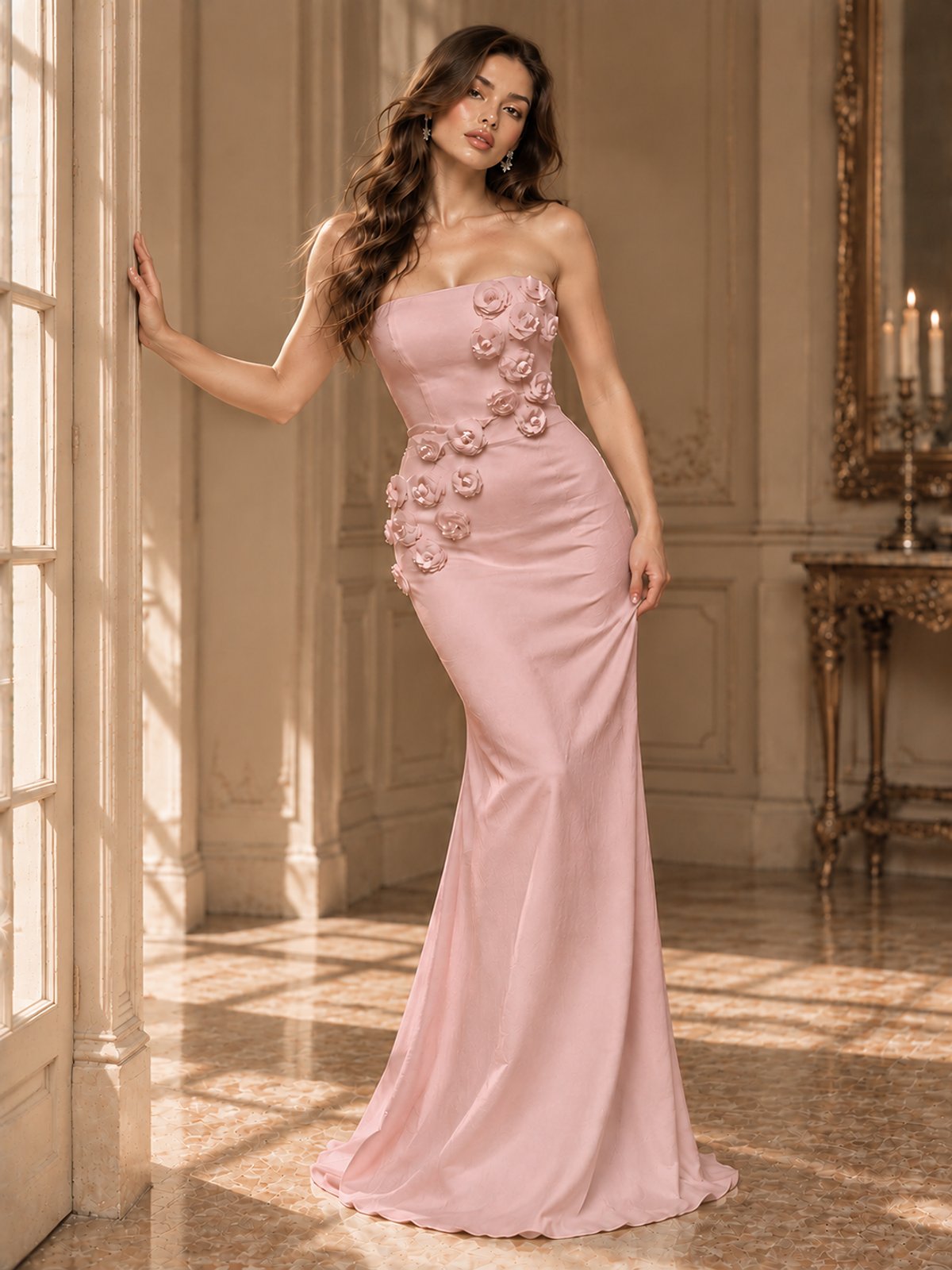 White Strapless Mermaid Maxi Dress with 3D Floral Appliques