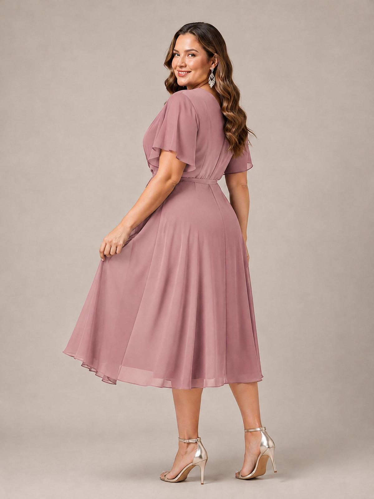 Navy Blue A-Line V-Neck Tea-Length Mother of the Bride Dress