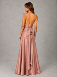 Sage Green Satin A-Line Bridesmaid Dress with Halter Neck