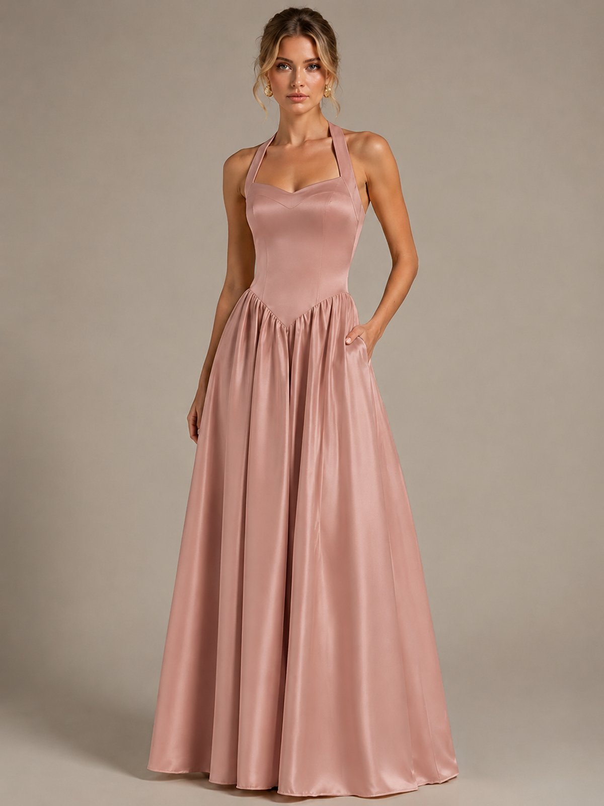 Light Yellow Halter Neck Satin A-Line Maxi Dress with Pockets