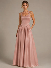 Light Yellow Halter Neck Satin A-Line Maxi Dress with Pockets