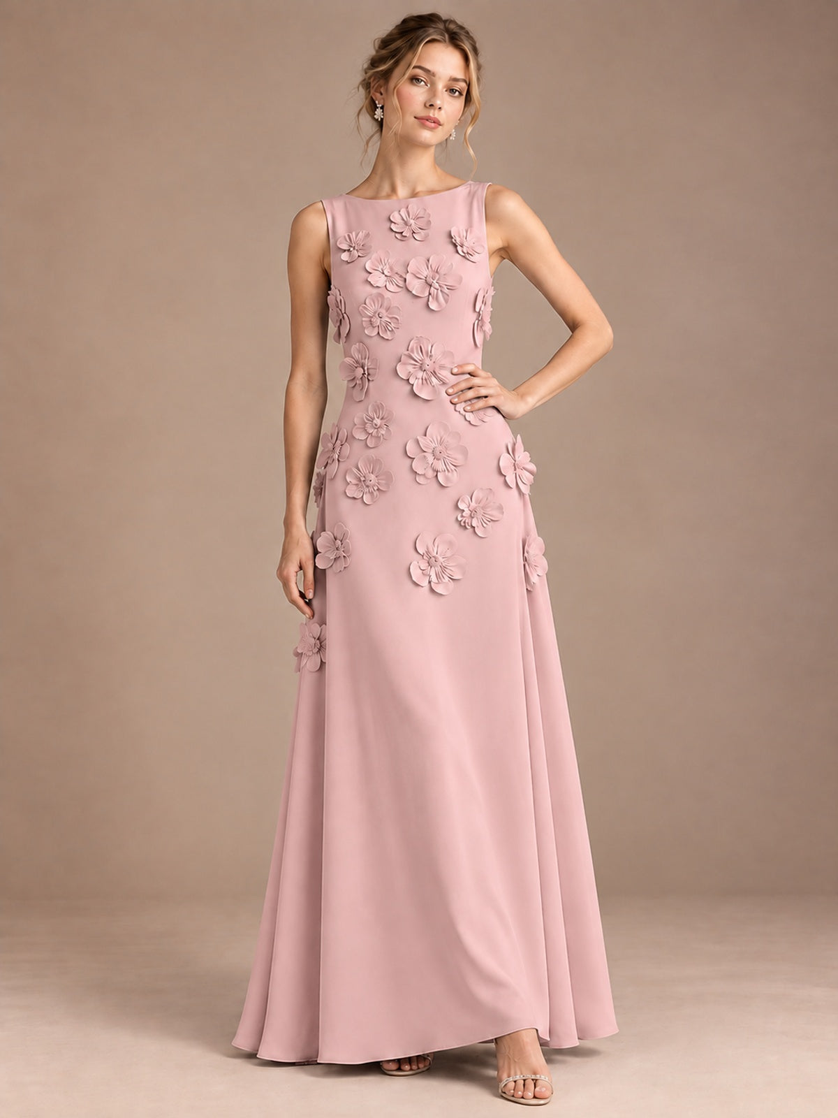 3D Floral Applique Sleeveless Formal Maxi Dress
