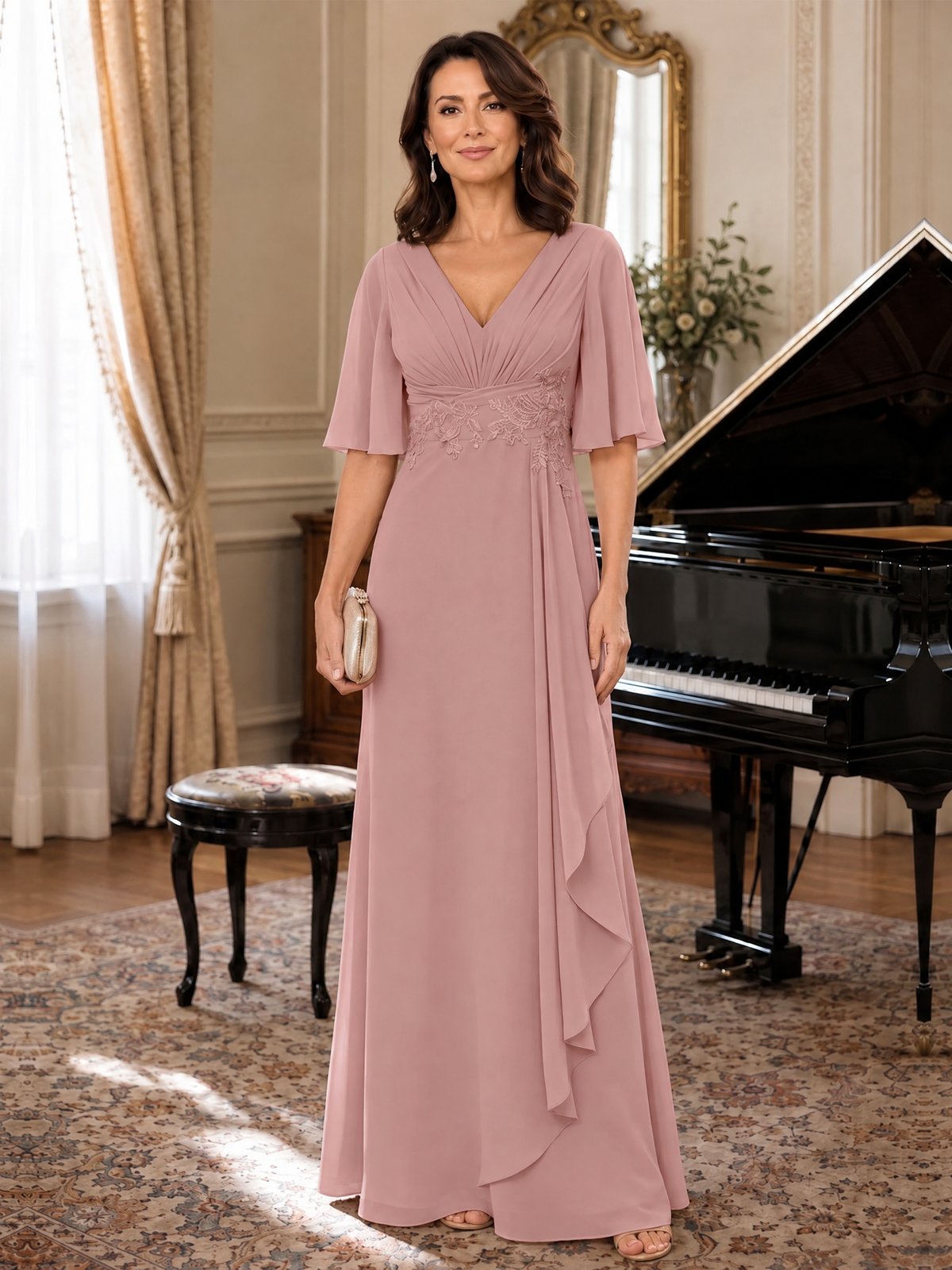 V-Neck Chiffon Lace Mother of the Bride Dresses