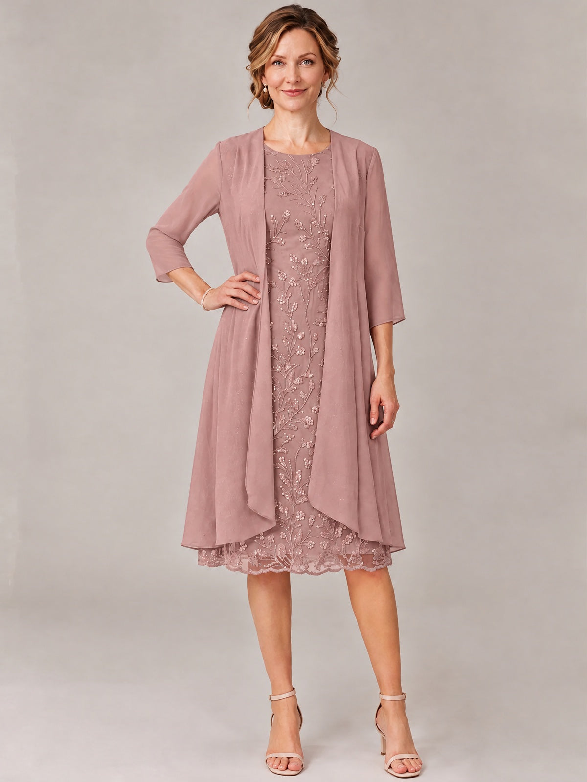 Tea Length Sequin Lace Mother of The Bride Dress with Chiffon Jacket