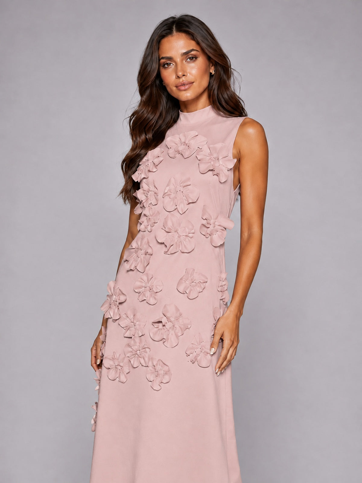 3D Floral Applique High Neck Prom Maxi Dress