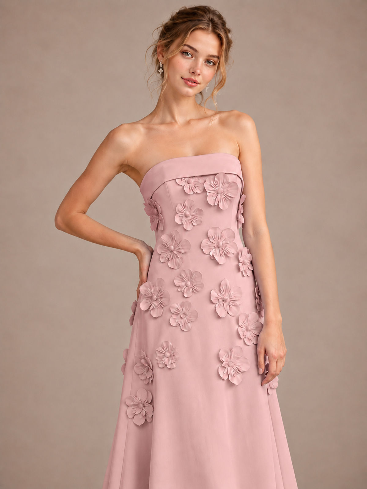 Yellow Strapless 3D Floral Appliques Maxi Dress