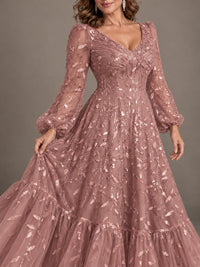 Floral Sequin Embroidered A-Line Mother of the Bride Dress with Long Sleeves
