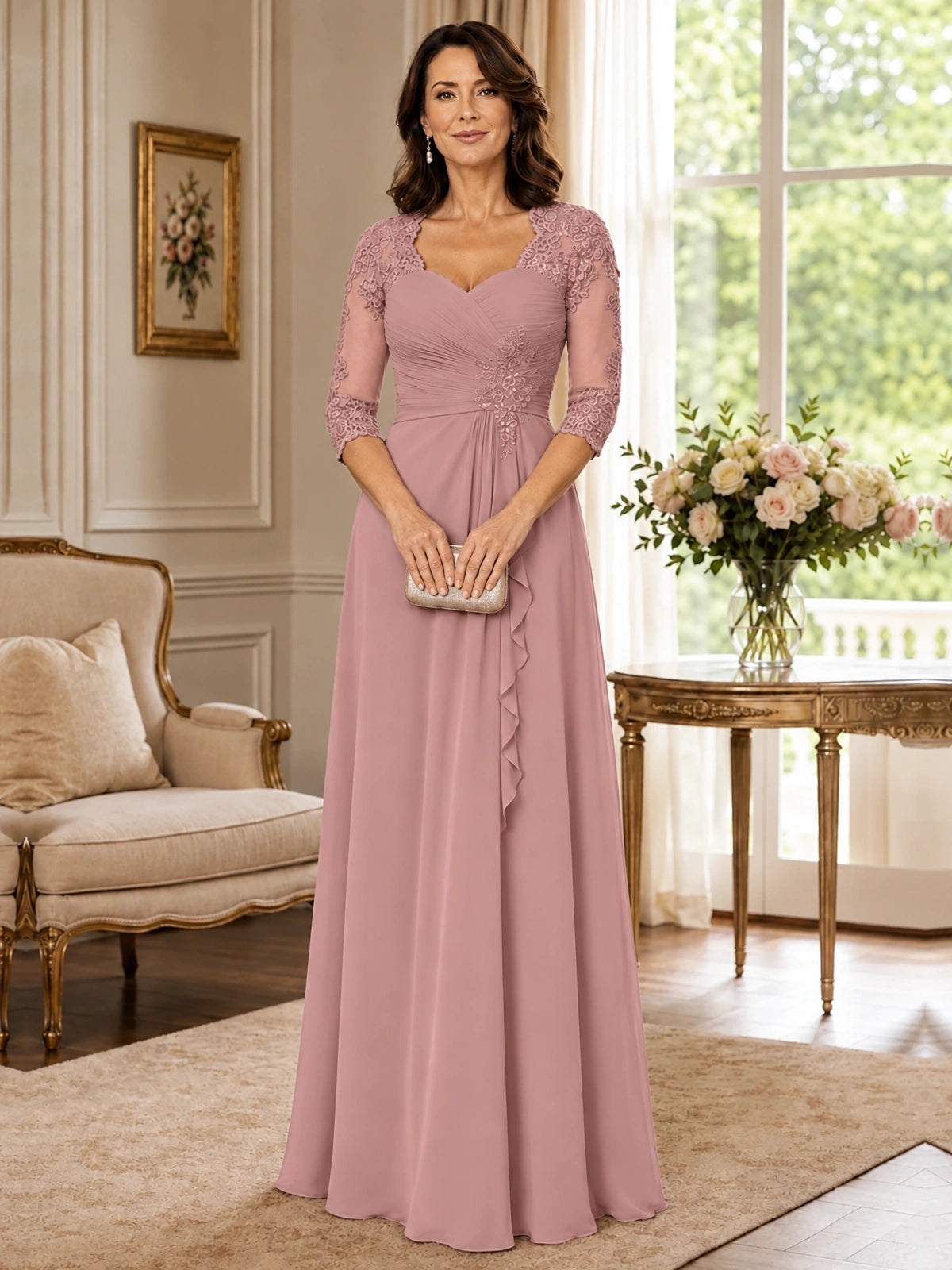 Chiffon Lace Applique Mother of the Bride Dress with 3/4 Sleeves