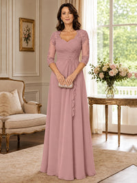 Chiffon Lace Applique Mother of the Bride Dress with 3/4 Sleeves