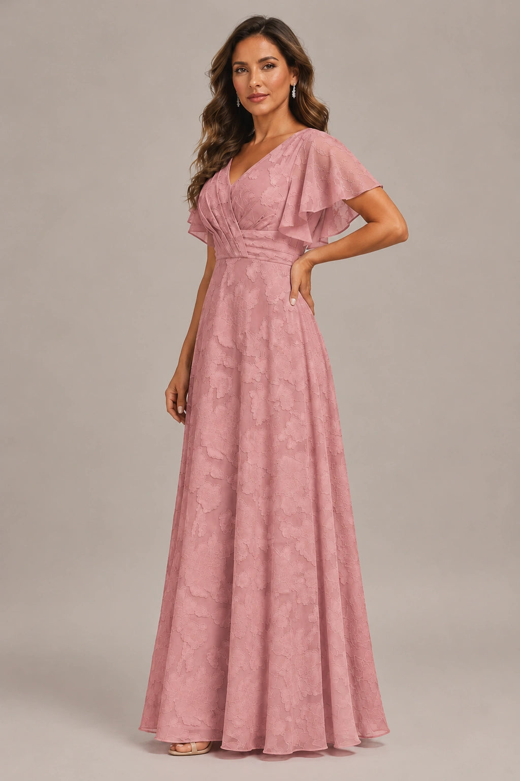 Jovellee Floral Chiffon A-Line Mother of the Bride Dress with Flutter Sleeves