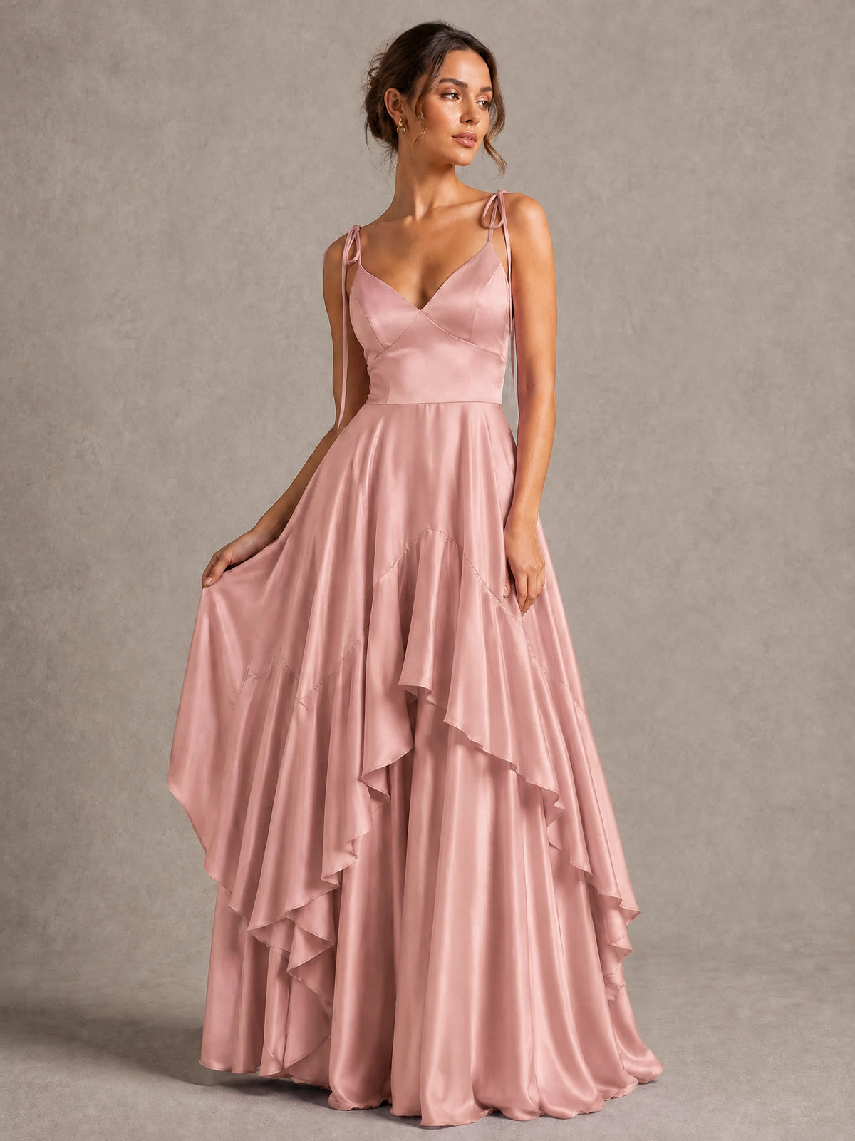Lavender Satin V-Neck Ruffle Maxi Dress