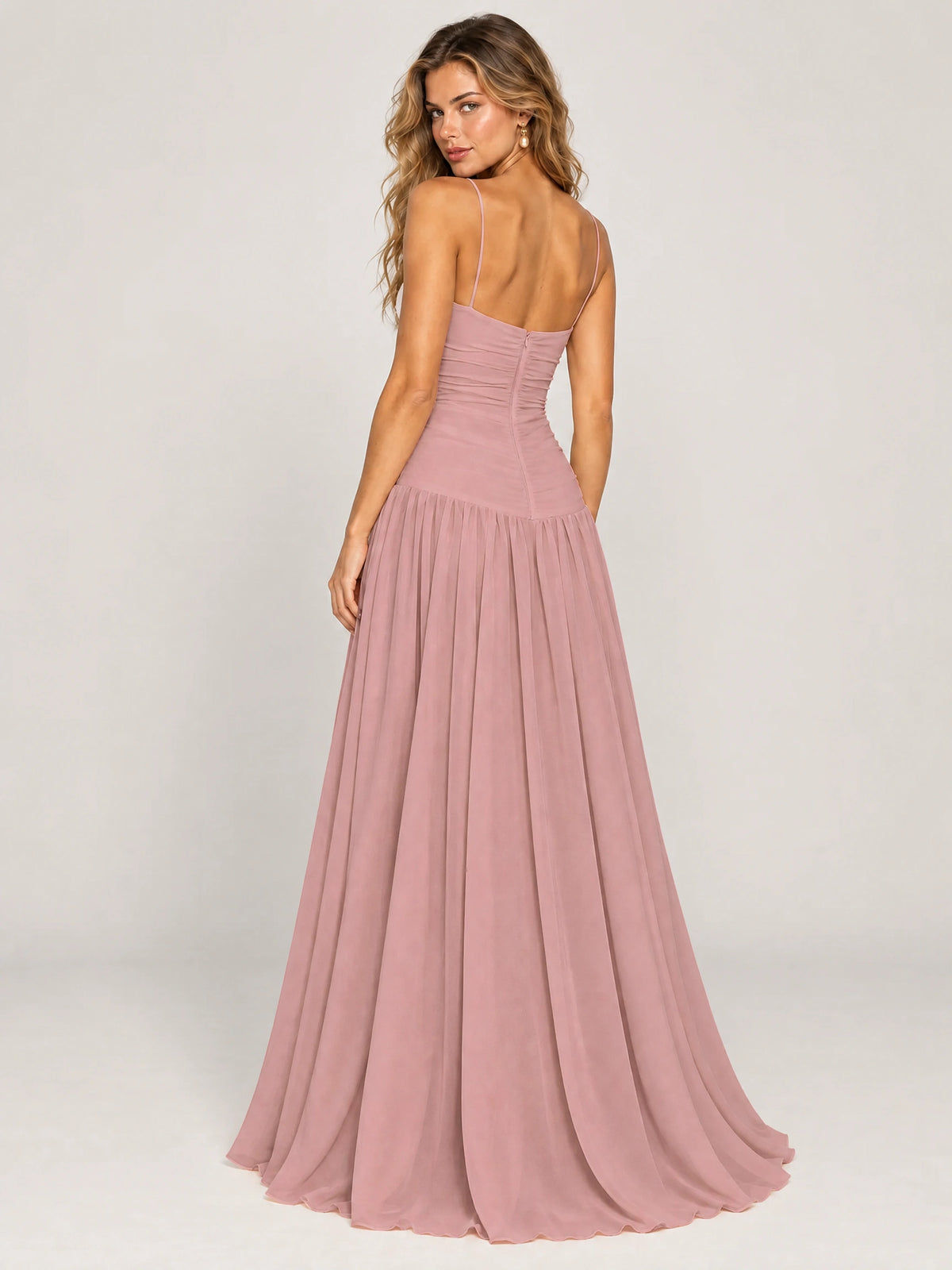 Butter Yellow Ruched Spaghetti Strap Drop-Waist Prom Dress