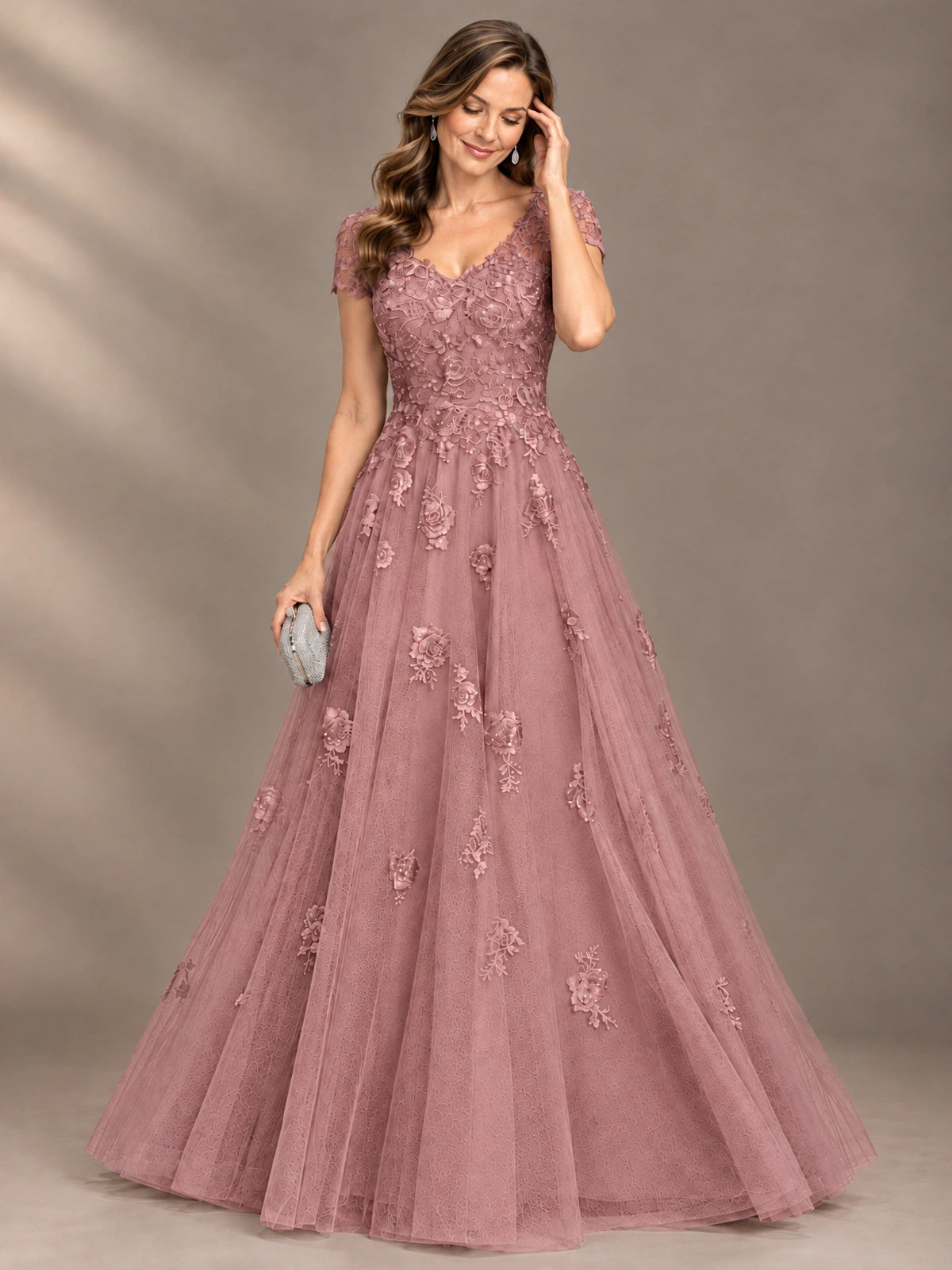 Lace Appliques A-line Mother of The Bride Dresses with Short Sleeves
