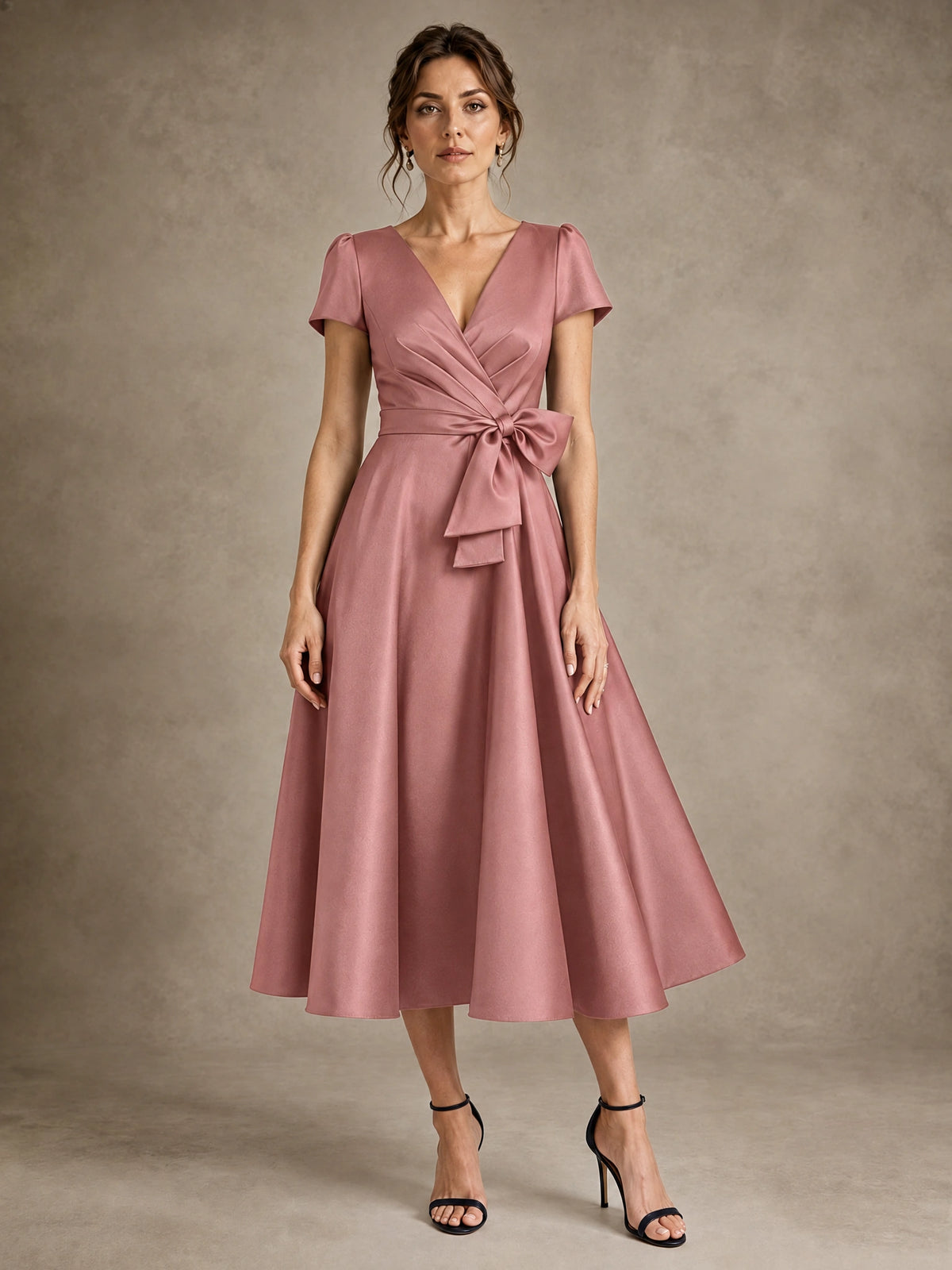 Dusty Rose V-Neck Tea-Length Satin Mother of the Bride Dress with Bow Jovellee