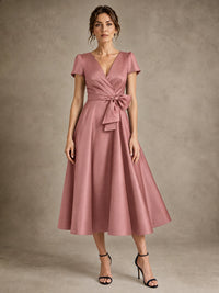 Dusty Rose V-Neck Tea-Length Satin Mother of the Bride Dress with Bow Jovellee
