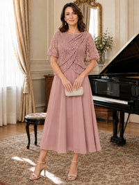 Tea-Length Chiffon Mother of the Bride Dress with Sequin Lace Sleeves