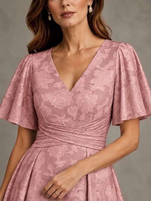 V-Neck Floral Jacquard Tea-Length Mother of the Bride Dress