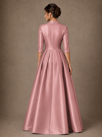 V-Neck Pleated Satin Mother of the Bride Gown with 3/4 Sleeves