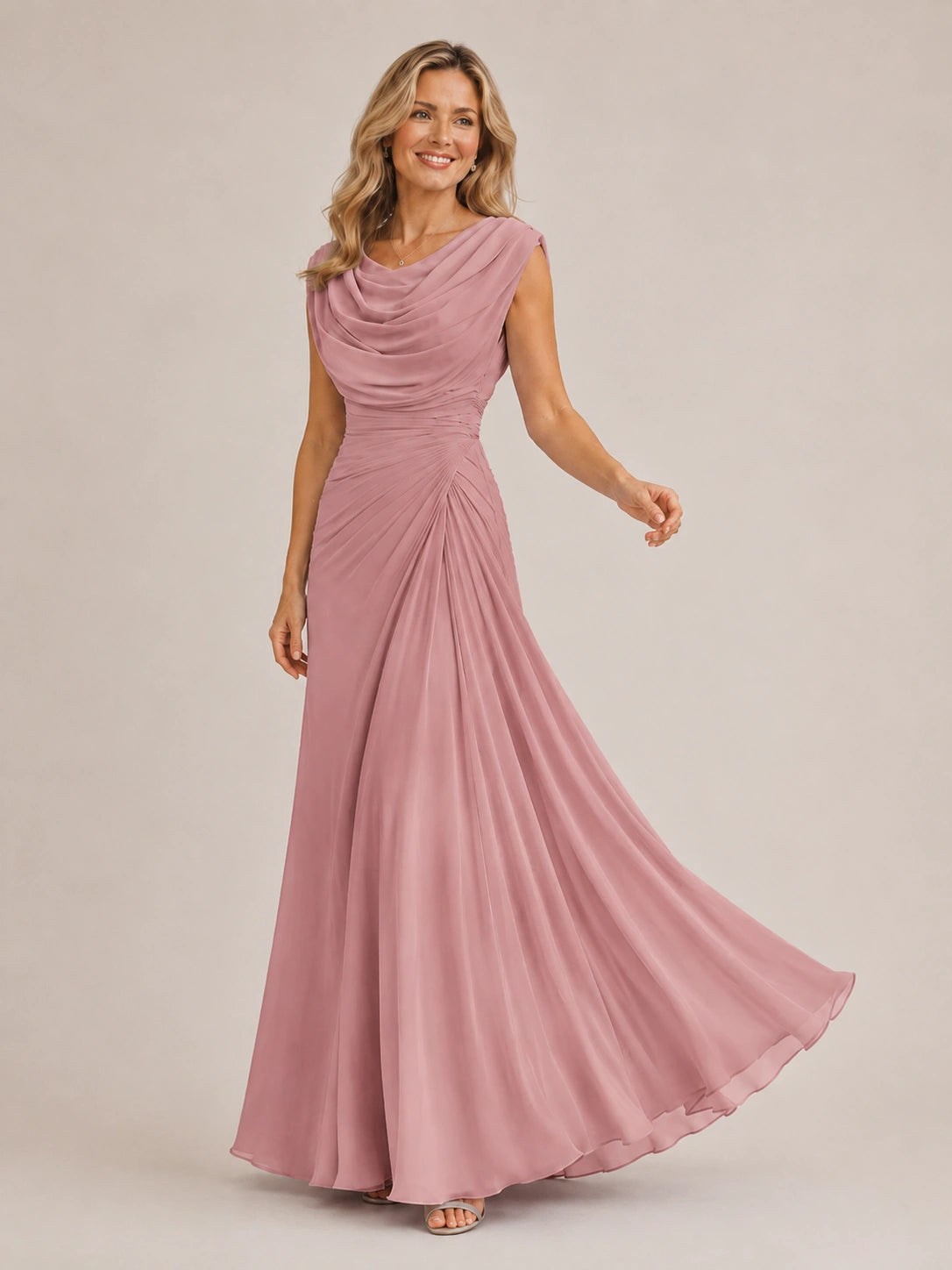 Cowl Neck Ruched Chiffon Mother of the Bride Dress