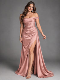 Off Shoulder Satin Maxi Dress with Slit