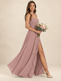 Spaghetti Straps Pleated Chiffon Bridesmaid Dress with Ruffle Slit