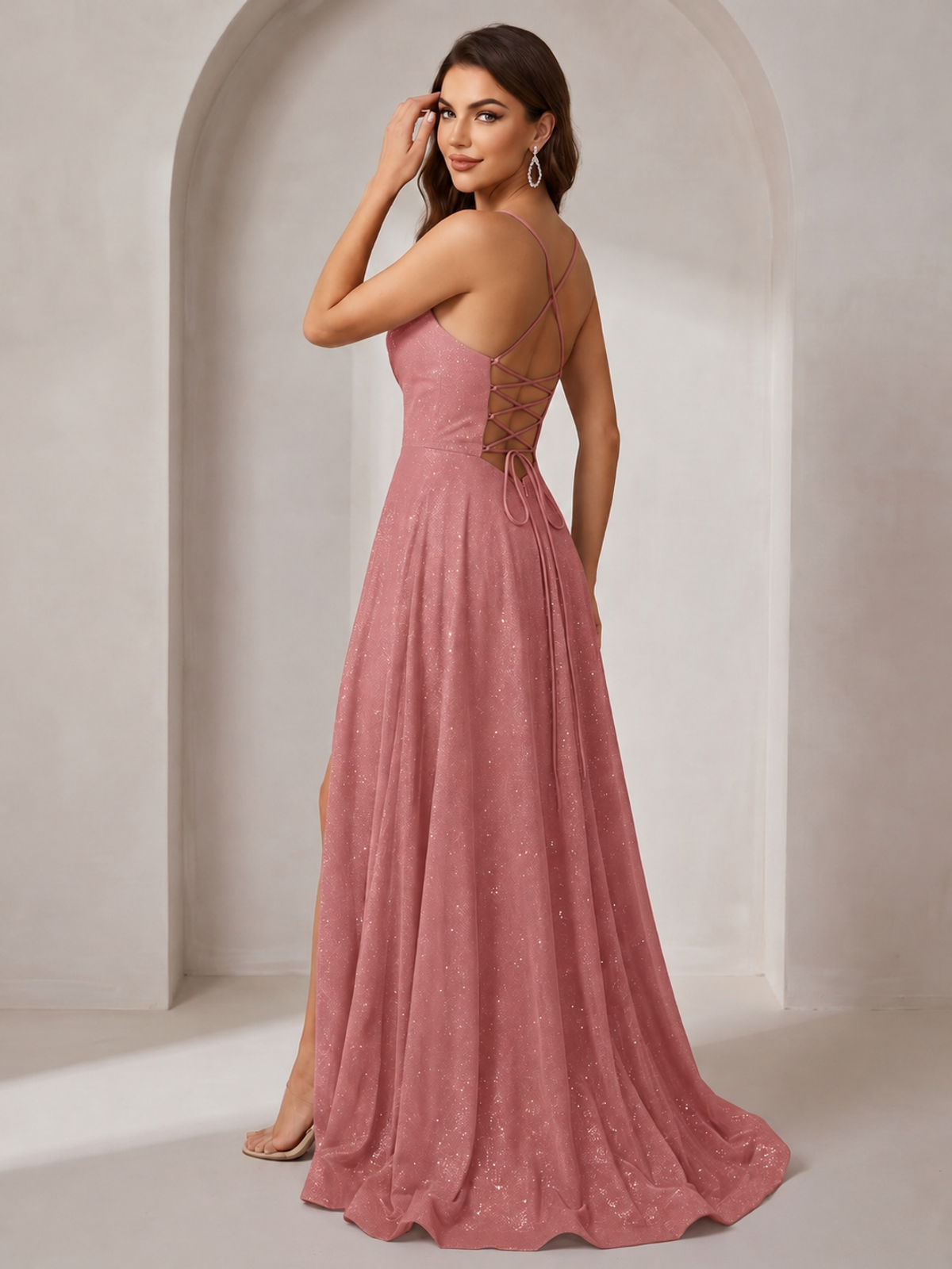 Sparkly Cowl Neck Corset Long Prom Dress with Slit A-line Tulle Ball Gown