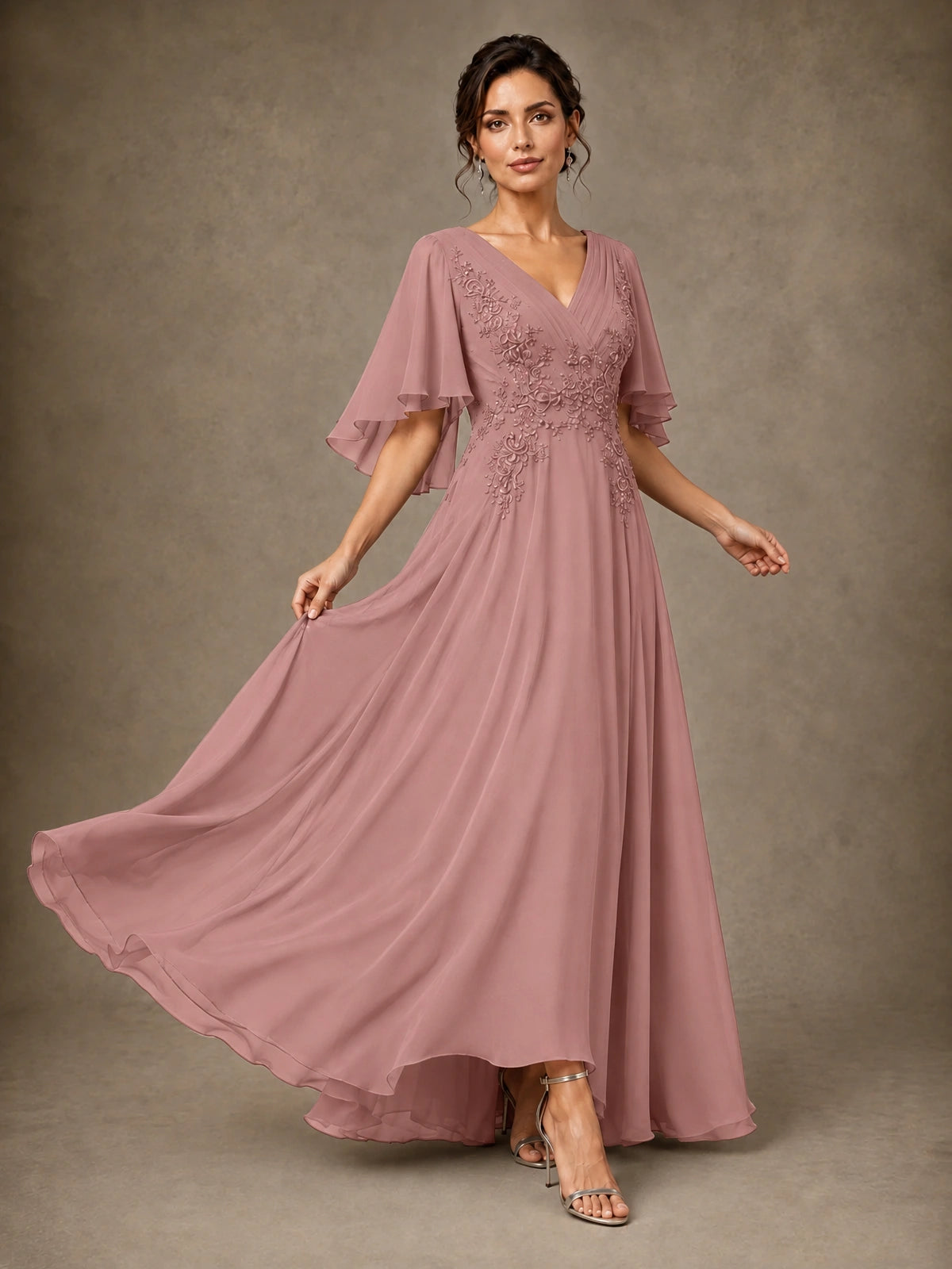 V-Neck Chiffon Lace Mother of the Bride Dress with Flutter Sleeves