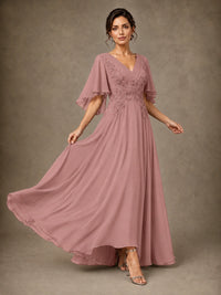 V-Neck Chiffon Lace Mother of the Bride Dress with Flutter Sleeves