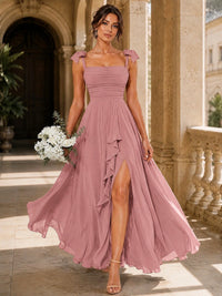 Ruffle Slit Chiffon A Line Scoop Neck Bridesmaid Dresses with Pockets