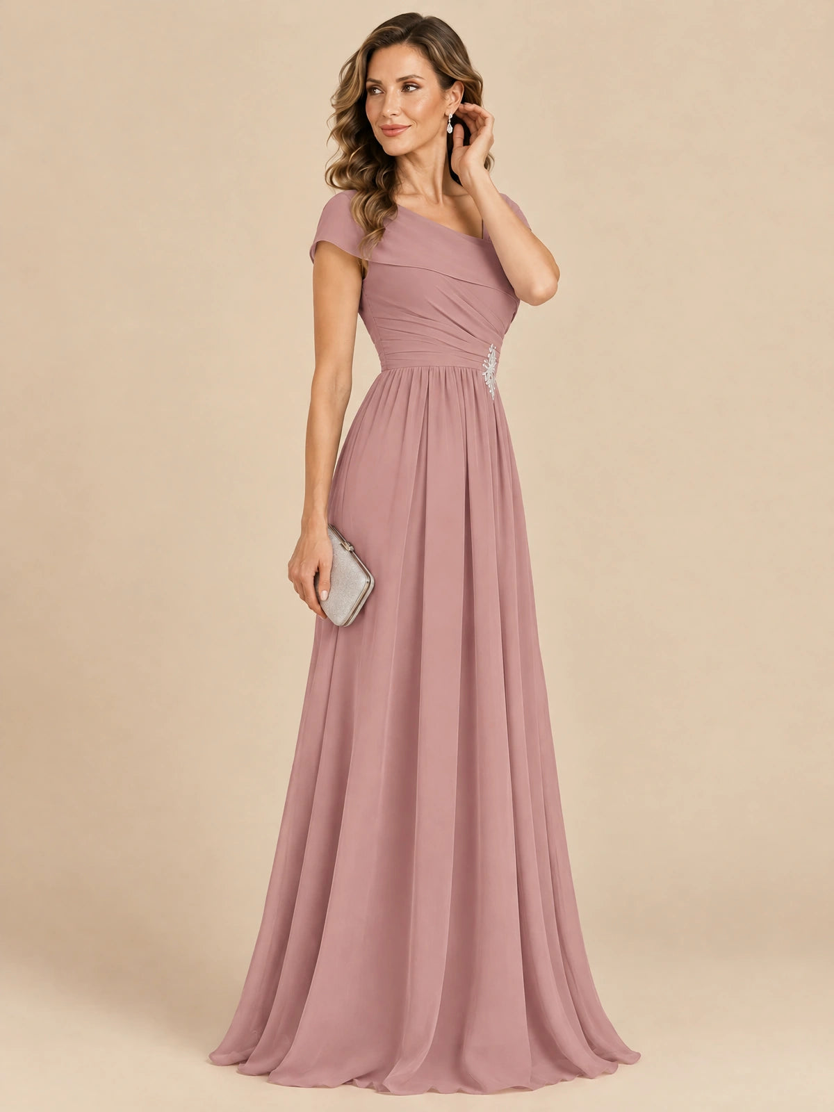 Cap Sleeve Mother of The Bride Dresses Long Chiffon Formal Gowns