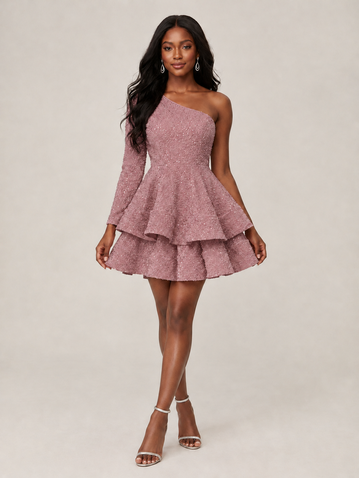 Puffy One Shoulder Sequin Tiered Mini Dress
