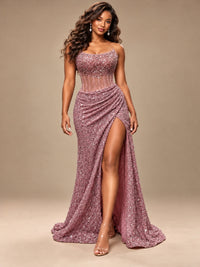 Gold Sequin Strapless Corset Prom Dress with High Slit