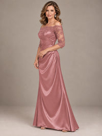 Satin Mother of the Bride Dress with Lace Sleeves Off Shoulder Formal Gown