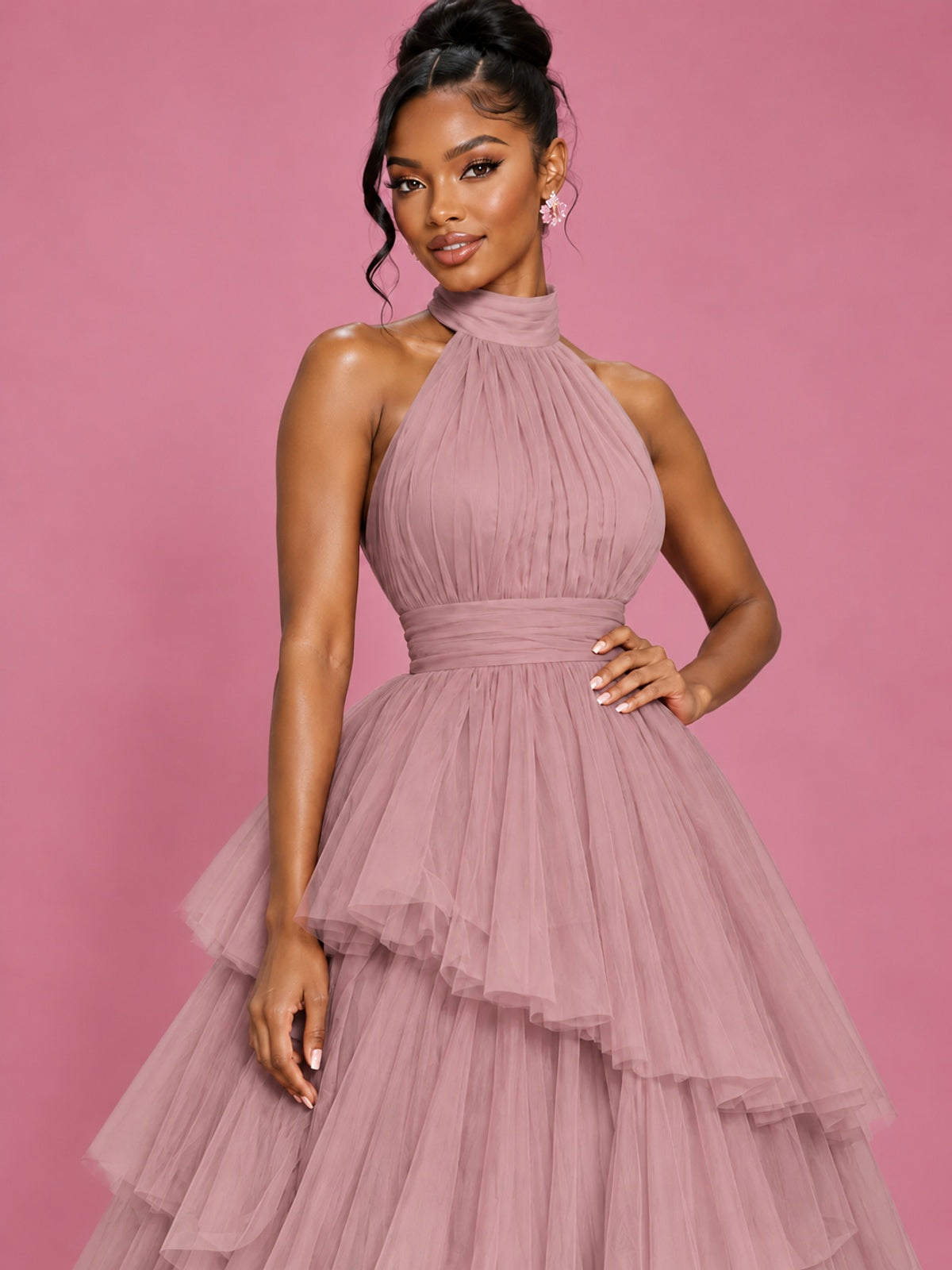 Hot Pink Tulle Halter Neck Tiered Ruffle Maxi Dress